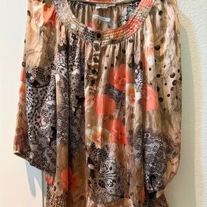 dressbarn Coral Floral and Brown Printed Peasant Tunic